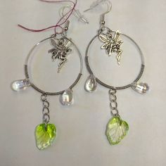 Silvertone Fairy Earrings Featuring Glass Water Droplets And A Glass Green Leaf.. Lightweight And Fun To Wear Fairy Style Green Earrings For Gifts, Handmade Dangle Earrings In Fairycore Style, Fairy Grunge Dangle Earrings Gift, Green Fairy Earrings For Gift, Green Fairy Earrings, Water Droplets, Themed Jewelry, Leaf Charms, All That Glitters