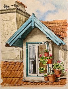 a watercolor painting of a house with potted plants on the window sill