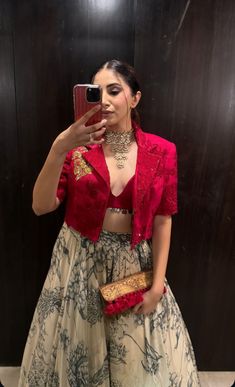 Fashion Inspo Outfits Indian, Ethnic Coat Pant For Women, Sangeet Cocktail Outfits, Birthday Indian Outfits, Red Indo Western Outfit For Women, Red Choli Designs, Designer Ethnic Wear For Women, Mata Pujan Dress For Women, Indian Jacket Outfit