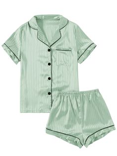 PRICES MAY VARY. Soft and lightweight silk satin material, this loungewear set is comfortable for your relaxing day or night. Two piece satin pajamas set featuring with a button front short sleeve shirt and a pair of shorts. Notch collar short sleeve top with a chest pocket, button up closure, piping trim. V neck stripe printed sleepshirt. Printed elastic waist shorts for a relaxed fit. Women's summer loungewear pajamas set with shorts. Casual 2 piece satin PJs sleepwear set for year-round wear. Shorts Sleepwear, Pajamas Short, Satin Pjs, Silk Pjs, Summer Loungewear, Top With Shorts, Matching Pjs, Striped Pyjamas, Cute Pajamas