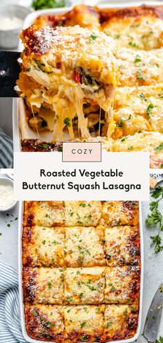 roasted vegetable butternut squash lasagna in a casserole dish with text overlay