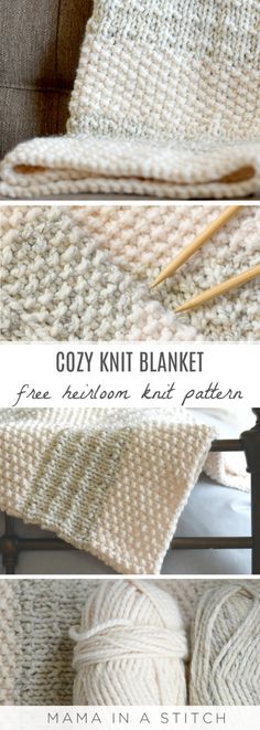 the knitting pattern for cozy knit blanket is shown in three different pictures, including two balls of yarn and one crochet hook