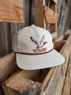 BURLEBO Outdoors Cap Low Profile 5 Panel Snap Back Cap with Rope Full Off White Cap Signature Vintage Duck Embroidery Cap-Bo-Ow Duck Embroidery, Snap Back Cap, Vintage Duck, Embroidery Caps, White Caps, Snap Back, Snap Backs, Low Profile, Off White