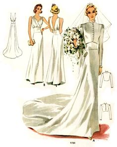 two women in wedding gowns, one wearing a veil