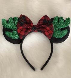 Holiday Green Reindeer Ears headband  You will love this bow handmade in cotton fabric. It is attached to a comfortable and light headband The perfect match for that special occasion birthday, costume, Halloween, holiday, Photo Prop Matte Ears Approx. Bow Size:5" x 4: inches ONE SIZE FITS ALL (3 yrs up) All Our bows are sewn on industrial machines. We use the minimum of glue to maintain the quality, durability and shape in all of Our items. Thank You for shopping at DaysiBebes we are Grateful fo Reindeer Ears, Plaid Bow, Minnie Birthday, Green Plaid, Ear Headbands, Custom Packaging, Hair Accessories Headbands, Perfect Match, Photo Props