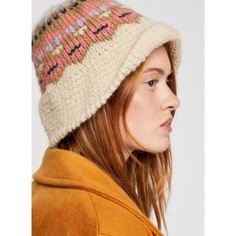 Natural Color. No Flaws. New With Partial Marshall's Tag. Retro Style Knit Bucket Hat Featured In A Soft, Unstructured Style With A Woven Fairisle Design. Unlined Foldable Brim Flared Brim Beige Hand Knitted Winter Hat, Warm Beige Crochet Hat For Fall, Cozy Beige Crochet Hat For Fall, Beige Crochet Hat For Fall Cold Weather, Beige Hand Knitted Hats For Fall, Hand Knitted Beige Hat For Fall, Warm Beige Crochet Hat For Cold Weather, Fall Hand Knitted Beige Hat, Cream Bohemian Winter Hat