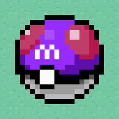 an image of a mushroom pixelated in purple and red on a green background with white dots