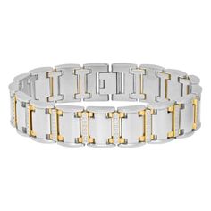 3/4ctw diamond stainless steel link bracelet with a foldover clasp. Gold-plated Bracelet With Rectangular Links, Luxury Rectangular Stainless Steel Bracelet, Rectangular Stainless Steel Bracelet With Solid Link Construction, Formal Diamond-cut Link Bracelet, White Gold-colored Stainless Steel Link Bracelet, Mens Link Bracelet, Branded Handbags, Eyewear Brand, Diamond Gemstone