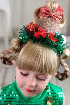 Toddler Christmas Hairstyles Girl, Grinch Hairstyles, Thanksgiving Hairstyles For Kids, Grinch Play, Recital Hair, Rey Hair, Hairstyles For Children, Hairstyles For Christmas, Crazy Christmas Hairstyles