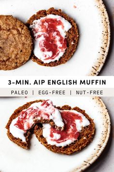 three mini english muffins on a plate with cream cheese and strawberry jam in the middle