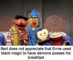 three sesame street characters are standing next to each other and one is holding a banana