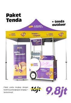 a purple and yellow tent with an advertisement for the company's product on it