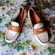 Cole Haan Loafers Tan And Cream Leather. Brown Slip-on Loafers With Woven Sole, Brown Leather Tassel Loafers Slip-on, Brown Tassel Slip-on Loafers With Leather Lining, Classic Brown Tassel Slip-on Loafers, Brown Slip-on Loafers With Perforations, Cole Haan Loafers, Penny Loafers, Cole Haan, Loafer Flats