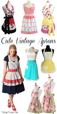 several different styles of aprons on mannequins with text that reads cute vintage aprons