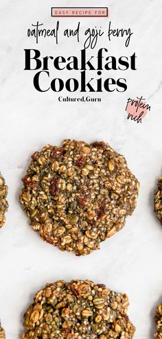 several cookies are arranged on top of each other with the words,'oatmeal and apple berry breakfast cookies '