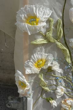 some white flowers and green stems on a table