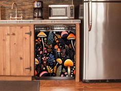 an image of a kitchen scene with mushrooms and plants on the dishwasher cover