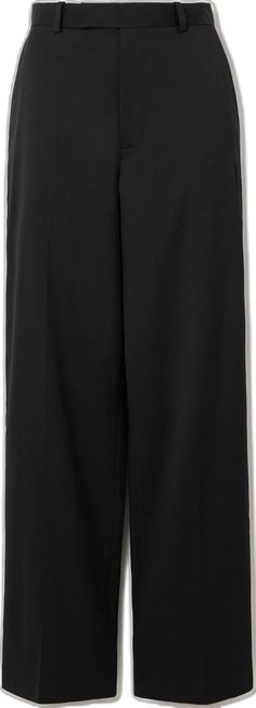 Black Wool Wide Leg Pants With Pressed Crease, Chic Black Wool Wide Leg Pants, Black Wool High-waisted Wide Leg Pants, Black High-waisted Wool Wide Leg Pants, Black Wide-leg Pants With Pressed Crease, Chic Black Wool Bottoms, Black Wool Wide-leg Dress Pants, Black Wool Bottoms For Evening, Black Wool Wide-leg Pants