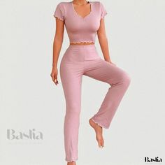 Baslia - Stylish Home Wear Set: Wave Edge Short Sleeve Long Pants Pajamas Dance Tops, Pant Length, Floral Print Shorts, Sleeveless Vest, Lounge Pants, Two Piece Outfit, Long Pants, Three Quarter Sleeves, Types Of Collars