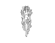 a black and white drawing of a naked woman with flames on her body in the air