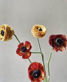 three yellow and red flowers in a vase