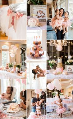 a collage of photos with babys and birthday cakes in pink, gold and white