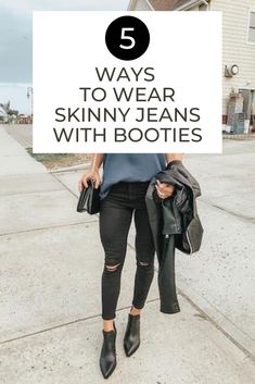 It's almost fall which means it's time to bust out the jeans and booties! If you're looking for an easy yet chic jeans and booties outfit, check out this post with 5 simple ways to pair skinny jeans with booties. #booties #howtowearbooties #skinnyjeans #bootiesoutfits Shooties Outfit How To Wear, Western Booties With Jeans, Pointy Booties Outfit, How To Style Booties With Jeans, Fall Outfits With Booties Ankle Boots, Black Western Booties Outfit, Black Booties Outfit Fall Ankle Boots, Black Leather Booties Outfit, Short Booties Outfit