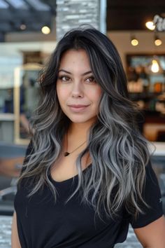 Black Hair With Ash Highlights, Black To Grey Ombre Hair, Grey Hair Color Ideas, Brown Hair With Silver Highlights, Grey Balayage, Trendy Hair Color Ideas, Long Grey Hair