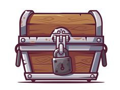 an open wooden chest with a lock on the front and side, in cartoon style