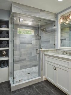 a bathroom with a walk in shower next to a sink