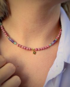 Fine Rhodonite Necklace, Gold-plated Silver Star Pendant, Elegant Choker for Mother, Original Colorfur Adornment - Etsy Star Charm Necklace For Festivals, Pink Star Charm Pendant Jewelry, Bohemian Star-shaped Necklace For Gifts, Bohemian Star Shaped Necklace For Gift, Bohemian Star Charm Choker, Bohemian Necklaces With Star Charm For Gifts, Star Charm Choker, Star Charm Choker Necklace As Gift, Star Charm Choker Necklace For Gifts