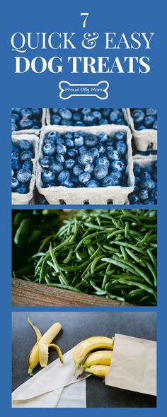 blueberries, bananas and green beans in baskets with text overlay that reads quick and easy dog treats