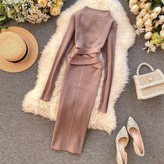 “Bandage Knitted Sweater Knee Length Pencil Dress” Autumn Sleeve, Midi Pencil Dress, Slim Sweater, Women Bodycon Dress, Korean Dress, Solid Dress, Dress Size Chart, Pencil Dress, Winter Dresses