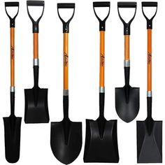 four different types of shovels with orange handles and black handles, all lined up against one another