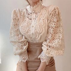 Cute Dark Academia Clothing Petal Sleeve Stand Collar Hollow - Etsy Stand Collar Blouse, Women Lace Blouse, Stand Collar Shirt, Lace Blouse Long Sleeve, White Lace Blouse, Feminine Blouses, Petal Sleeve, Elegant Skirt, Collar Blouse