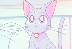 a cartoon cat sitting on top of a bed in front of a window with pink eyes