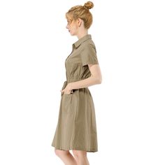 The casual, elegant look of this pretty dress will keep you looking great all the time. The short-sleeve shirt dress is cut with a relaxed silhouette and features a drawstring to cinch in the waist and plenty of practical pockets. Pair it with ankle boots or heels for a chic silhouette. Perfect for spring, summer, and autumn, and it is also suitable for any occasion. Casual Short Sleeve Knee-length Dress For Work, Casual Short Sleeve Knee-length Dress For Daywear, Casual Short Sleeve Summer Dress For Work, Casual Knee-length Short Sleeve Dress For Work, Casual Knee-length Short Sleeve Dress For Daywear, Casual Solid Shirt Dress With Short Sleeves, Casual Shirt Dress With Short Sleeves, Casual Short Sleeve Dress With Pockets For Spring, Casual Solid Color Knee-length Short Sleeve Dress