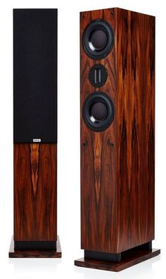 the speakers are made out of wood and have two different designs on each speaker panel