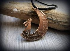 Hare in the Moon Pendant Handmade From Coins Moon Gazing Hare - Etsy Moon Gazing Hare, Moon Gazing, Moon Gazing Hares, Penny Coin, In The Moon, Moon Pendant Necklace, Coin Jewelry, Moon Pendant, Moon Necklace