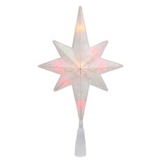 a white christmas star ornament with lights on it's side and the shape of a snowflake