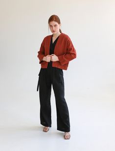 "Our shortest kimono-style jacket with pockets. Made from heavy-weight linen. If you're interested in different fits, check our other kimono-style jackets. STYLE DETAILS * Regular fit * Kimono collar * Dropped shoulders * Two side pockets * Cropped length * No closure * Made from heavy-weight linen SIZES & COLORS IN THE PICTURES * Model 1 is wearing size S/M in Terracotta (heavy) linen. Model's height - 174 cm (5'8\"), bust - 87 cm (34.2\"), waist - 64 cm (25.2\"), hips - 96 cm (37.8\"). * M Fall Kimono With Pockets In Relaxed Fit, Fall Kimono With Pockets And Relaxed Fit, Linen V-neck Outerwear For Work, Relaxed Fit Outerwear With Kimono Sleeves For Fall, Fall Season Relaxed Fit Kimono With Pockets, Fall Outerwear With Kimono Sleeves In Relaxed Fit, Fall Outerwear With Relaxed Fit And Kimono Sleeves, Fall Season Relaxed Fit Wrap Kimono, Fall Long Sleeve Linen Kimono