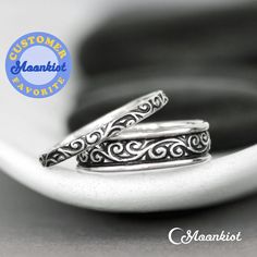 "Click \"more\" for full description. This Sterling Silver Matching Couples Ring Set has a beautiful curling pattern that continues around the length of both the wide and narrow band. We are happy to create this beautiful band set for you in a variety of ring sizes and finish options! For the Narrow Band: This delicate and narrow Sterling Silver Smoke Swirl pattern band has a beautiful, curling design that is a wonderful compliment for everything from filigree to modern styles. It measures 2.5 m Curling Pattern, Rings For Couples, Matching Couple Rings, Couples Ring, Handmade Wedding Rings, Silver Wedding Band, Promise Ring Set, Promise Rings For Couples, Couples Ring Set