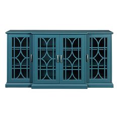 a blue cabinet with glass doors on the top and bottom, in front of a white background