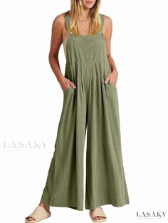 Lasaky - Solid Loose-Fit Casual Cotton Linen Jumpsuit Overalls Summer, Loose Romper, Overalls Casual, Women's Overalls, Linen Jumpsuit, Overalls Women, Wide Leg Jumpsuit, Leisure Wear, Cotton Linen