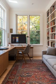 a living room filled with furniture and bookshelves next to a window covered in windows