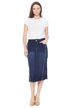 Description: Be-Girl Brand - stretch denim calf length pencil skirt. Fabric: Denim Content: 75% cotton, 23% polyester, 2% spandex High Waist Stretch Skirt With Frayed Hem, Fitted Dark Wash Denim Midi Skirt, Casual Dark Wash Lined Skirt, Spring Pencil Skirt With Frayed Hem, Dark Wash Relaxed Denim Midi Skirt, Dark Wash Relaxed Midi Denim Skirt, Relaxed Fit Mid-rise Denim Skirt, Relaxed Dark Wash Denim Midi Skirt, Casual Skirt With Stretch And Frayed Hem