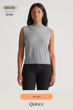 A luxe layer to wear now and later, our Mongolian Cashmere Mock Neck Sweater Vest is the sleeveless multitasker your wardrobe has been missing. Crafted in Grade-A cashmere sourced from Mongolia, this fine-gauge knit is lightweight enough to wear on its own but can be layered over a shirt and under a cardigan or jacket too. Soft and breathable, it's an essential for any season.  | Quince | Women's Mongolian Cashmere Mock Neck Sweater Vest in Heather Grey, Size Small Casual Sleeveless Mock Neck Top For Layering, Classic Sleeveless Tops For Fall, Classic Sleeveless Fall Tops, Classic Tank Top For Fall Layering, Classic Tank Top For Layering In Fall, Now And Later, Gray Cashmere Sweater, Heather Brown, Linen Blazer