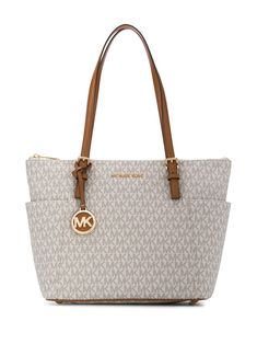 vanilla acorn canvas/leather all-over logo print gold-tone hardware long top handles gold-tone logo plaque side pouch pockets logo charm top zip fastening internal zip pocket multiple internal slip pockets full lining metal feet Classic Chic Style, Logo Tote Bag, Mk Handbags, Mk Bags, Leather Crafts, Zip Tote, Classic Chic, Handbags Michael Kors, Kors Jet Set