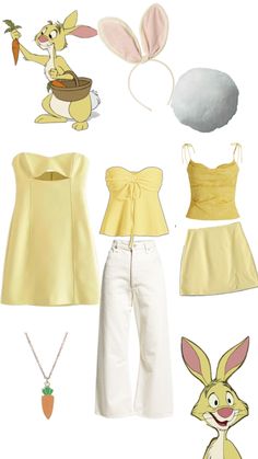 an assortment of clothing and accessories including a hat, bunny ears, yellow top, white pants