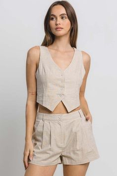 Introducing the Beige Short Vest Set, designed for the modern professional. This lightweight set is perfect for layering and adds a touch of sophistication to any outfit. Made with quality materials and tailored for a flattering fit, this set is a must-have for any wardrobe. Fabric & fit: 70%LINEN,30%COTTON Model is wearing size Small. Vest Set, Beige Shorts, Short Vest, Heels & Wedges, Swimwear Cover Ups, Swimwear Cover, Matching Dresses, Short Sets, Set Dress